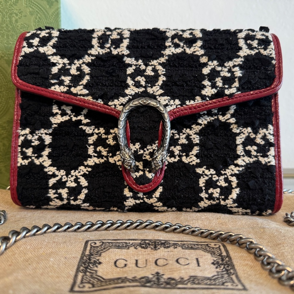 Gucci WOC Dionysus Chain Crossbody Bag GG Supreme black Tweed Red Leather